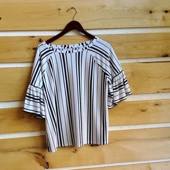LAST CHANCE Worthington White Black Striped Sz PL Blouse Tunic w Flared 3/4 Slv - Picture 1 of 9